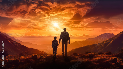 illustration of a father holding his child's hand against a mountainous backdrop photo