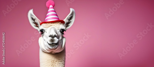 funny llama in a cap, April Fool's Day, on a pink background, banner, place for text photo