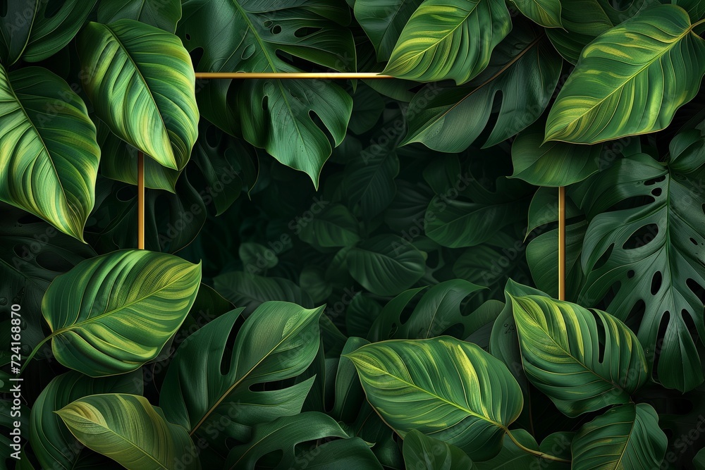 Lush Green Tropical Leaves with Golden Frame Lush Green Tropical Leaves with Golden Frame