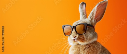 Funny easter animal pet - Easter bunny rabbit with sunglasses, giving thumb up, isolated on orange background © Ahtesham