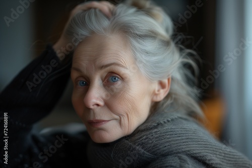 Reflective Senior Woman with Elegant Gray Hair