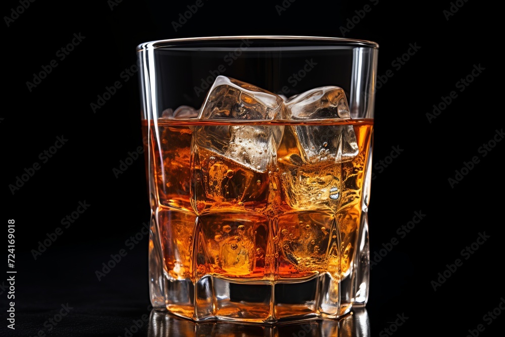 Glass of whiskey with ice cubes on wooden table. Black background. Glass of whiskey with ice cubes on wooden table. Black background.