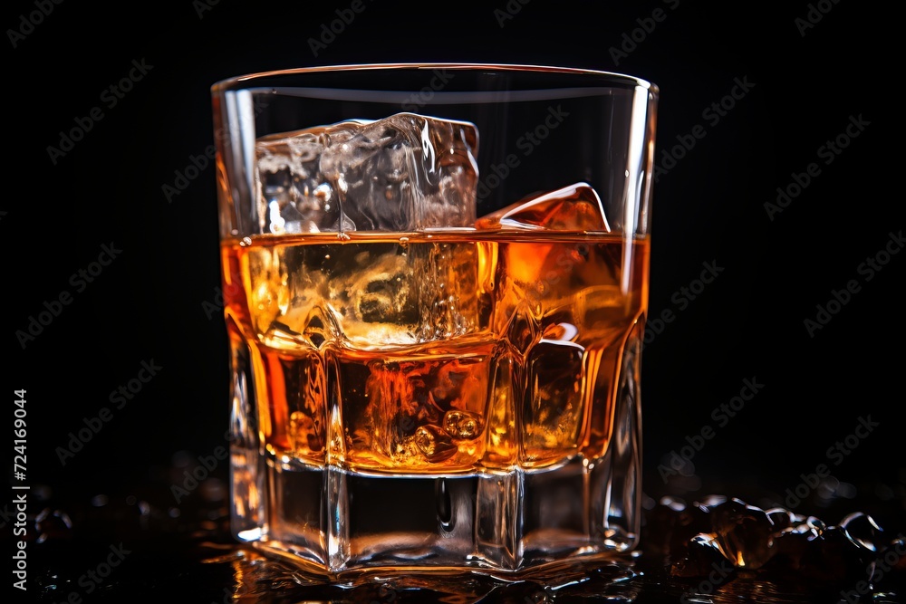 Whiskey on the rocks with ice cubes on a black background