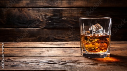 Whiskey with ice in a glass on a wooden background.