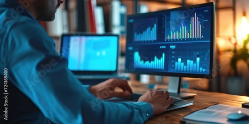 Businessman analyzing finance market graphs on a laptop