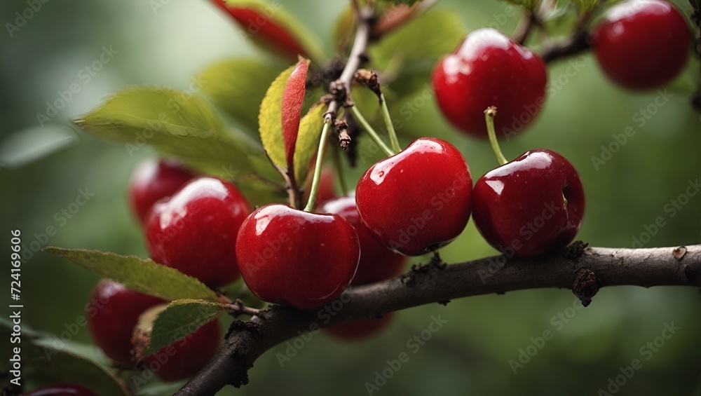 Obraz premium A vibrant spectacle unfolds as cherries adorn the branches, nature's vivid jewels gleaming amidst lush foliage. A visual ode to the luscious beauty of cherry blossoms.