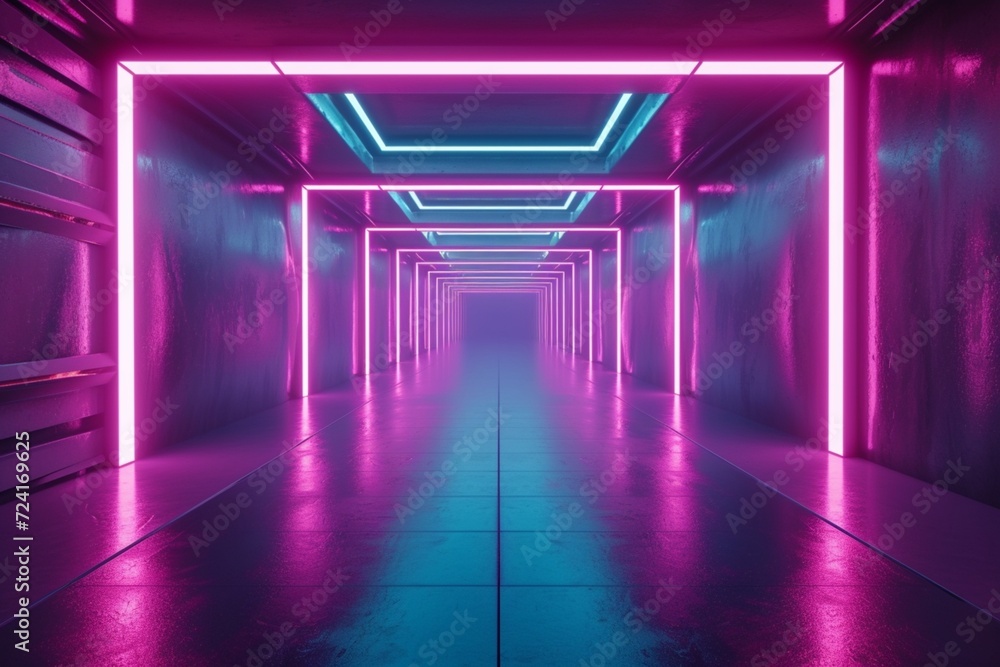 Generative AI illustration of abstract background of futuristic corridor with purple and blue neon lights