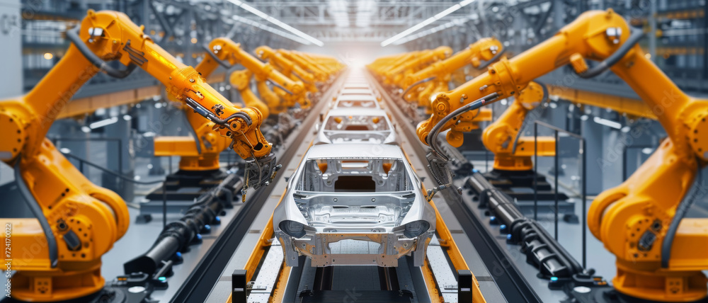 Automation in action: robotic arms assemble cars with precision in a modern automotive factory
