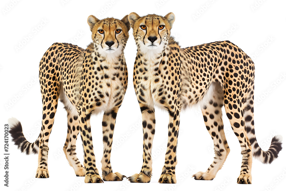 Two majestic cheetahs stand tall in the african savannah, embodying the power and grace of the wild as they survey their kingdom alongside their fellow big cats Two majestic cheetahs stand tall in the african savannah, embodying the power and grace of the wild as they survey their kingdom alongside their fellow big cats