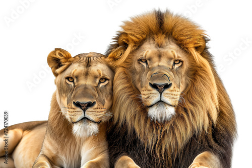 Two majestic big cats  a lion and lioness  share a tender moment lying together in the wild  their warm fur blending seamlessly into the earthy tones of the masai landscape