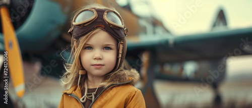 A child's adventure spirit soars high as she imagines piloting a vintage plane in her aviator gear photo