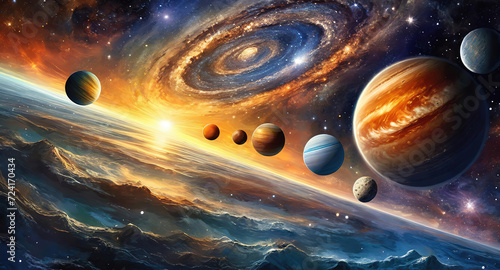 Gorgious Planets of the solar system against the background of a spiral galaxy in space