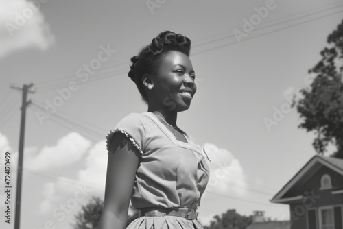 Vintage photo of a Young black woman walking down the streets in a US city in the 1950s