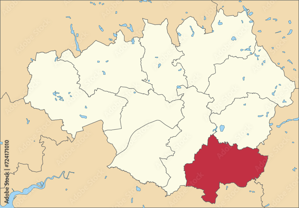 Red flat blank highlighted location map of the METROPOLITAN BOROUGH OF STOCKPORT inside beige administrative local authority districts map of Greater Manchester, England Red flat blank highlighted location map of the METROPOLITAN BOROUGH OF STOCKPORT inside beige administrative local authority districts map of Greater Manchester, England