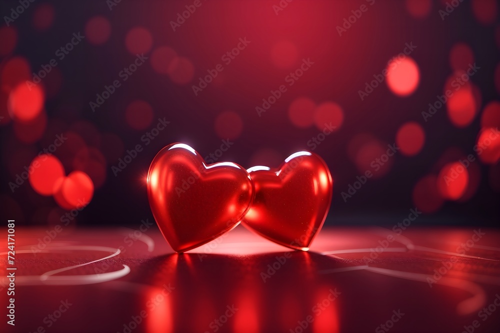 Two glowing red hearts emerge vibrantly against a blurred bokeh background, crafting a scene of deep affection and mesmerizing charm.