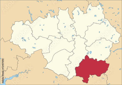 Red flat blank highlighted location map of the METROPOLITAN BOROUGH OF STOCKPORT inside beige administrative local authority districts map of Greater Manchester  England