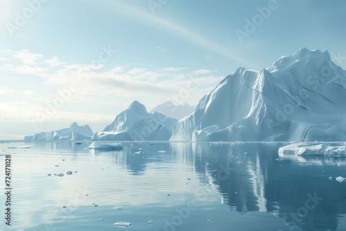 A breathtaking landscape of icy serenity as snow-capped mountains and glacial lakes meet in the arctic sea, reflected in the tranquil waters below, with looming icebergs scattered throughout