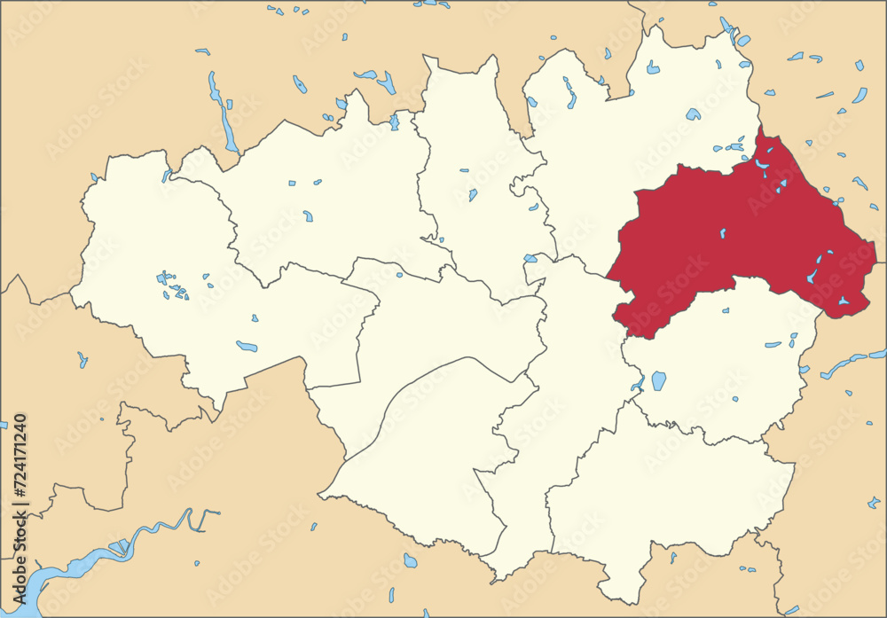 Red flat blank highlighted location map of the METROPOLITAN BOROUGH OF OLDHAM inside beige administrative local authority districts map of Greater Manchester, England