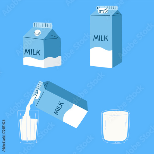 Set of milk packages and glass. Vector illustration of dairy product in flat style