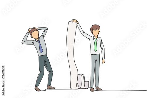 Single continuous line drawing of shocked businessman is shown the bill by his business partner. Many bills have entered the deadline to be paid right now. Debt. One line design vector illustration