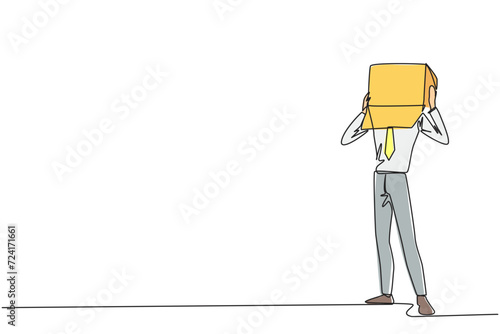Continuous one line drawing of businessman stood up and covered head with cardboard. Businessman who are embarrassed because unable to pay several bills. Single line draw design vector illustration