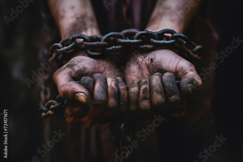 Canvas Print Close-up of hands tied with chains, depicting the concept of human trafficking and captivity