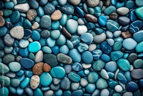 A mesmerizing pebble background, the stones in varying shades of blue, collectively forming a natural, sea-inspired texture, highlighted in a striking turquoise vintage color