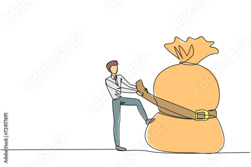 Single continuous line drawing of businessman wrapped around and pulled the money bag with a belt. Investment decrease, sale drop. Save on unnecessary expenses. One line design vector illustration
