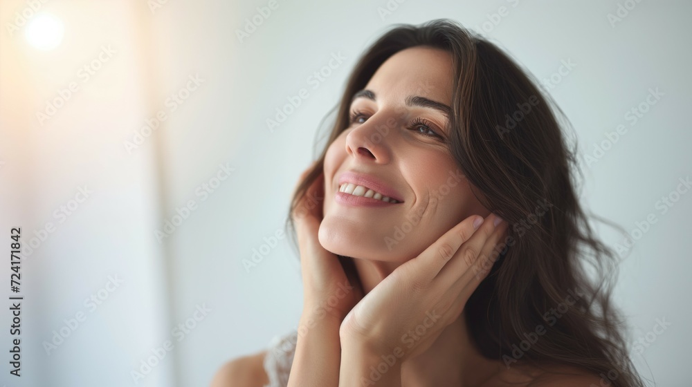 Beautiful 50s mid aged brunette mature woman with glowing skin looking at camera isolated on white ejoying her face with both hands touch Beautiful 50s mid aged brunette mature woman with glowing skin looking at camera isolated on white ejoying her face with both hands touch