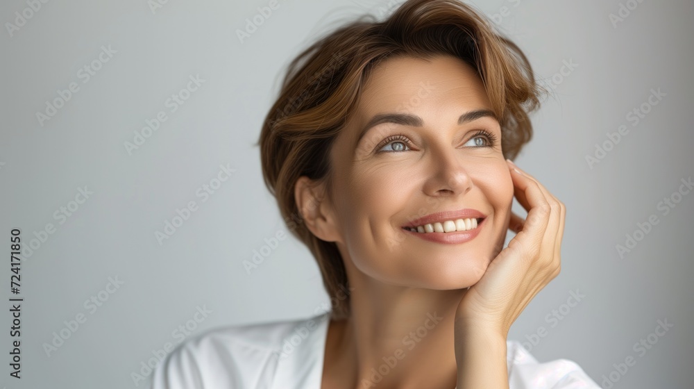 Beautiful 50s mid aged brunette mature woman with glowing skin looking at camera isolated on white touching face Beautiful 50s mid aged brunette mature woman with glowing skin looking at camera isolated on white touching face