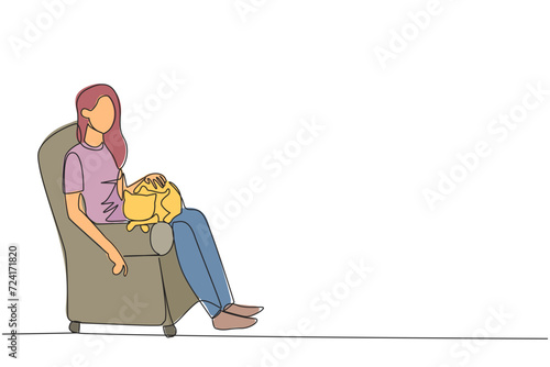 Continuous one line drawing of young beautiful woman sitting on the couch hugging cat and putting it on her thighs. Animal lovers especially cat, pet it untill sleep. Single line draw design vector