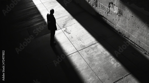 person cornered by shadows, symbolizing anxiety, chiaroscuro, bold textures, monochromatic color scheme