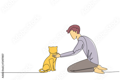 Single continuous line drawing of young energetic man knelt while stroking his beloved cat. Touching the neck. Animal lover. Caring for little cats with pleasure. One line design vector illustration