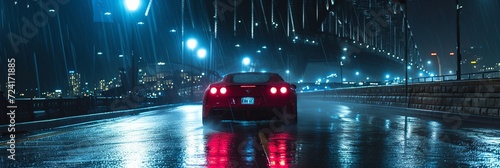 Cinematic photography of a sport car driving at night, in the rain, across the Sydney Harbour Bridge  photo