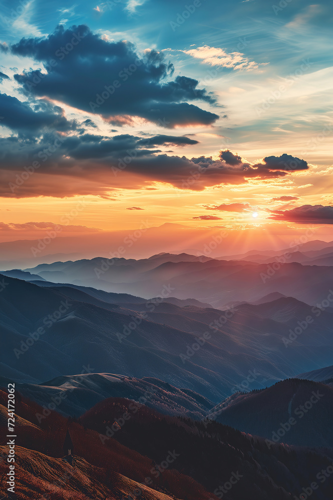 A tranquil afterglow illuminates the rugged mountain landscape, painting the sky with hues of orange and pink as the sun sinks below the horizon