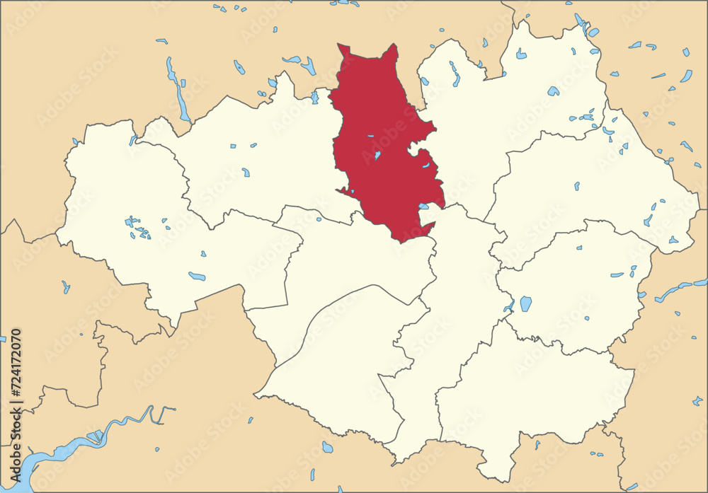 Red flat blank highlighted location map of the METROPOLITAN BOROUGH OF BURY inside beige administrative local authority districts map of Greater Manchester, England
