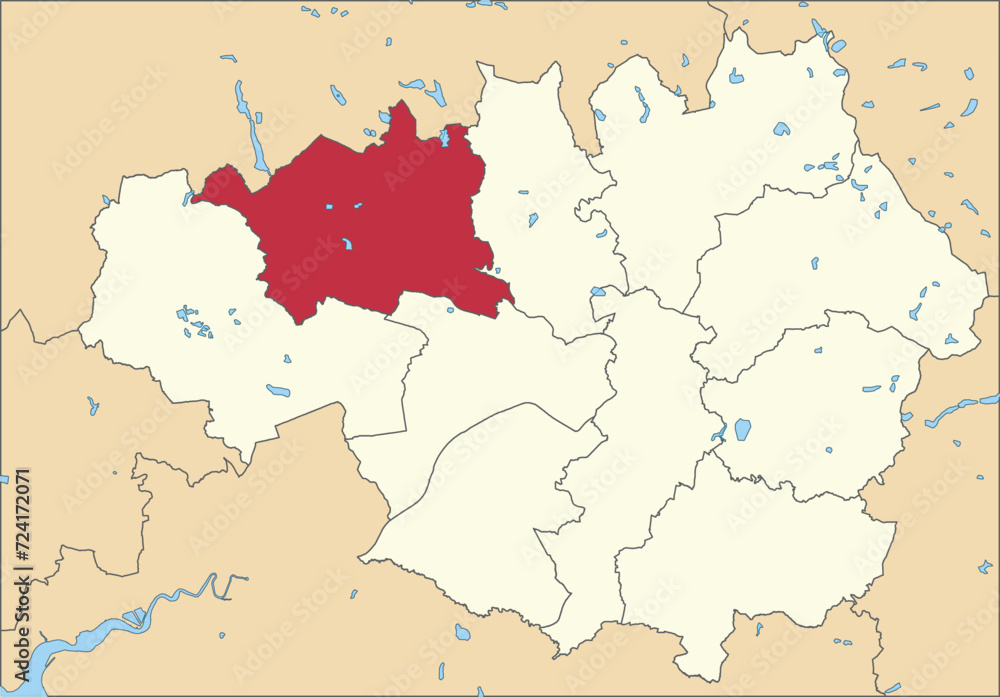 Red flat blank highlighted location map of the METROPOLITAN BOROUGH OF BOLTON inside beige administrative local authority districts map of Greater Manchester, England