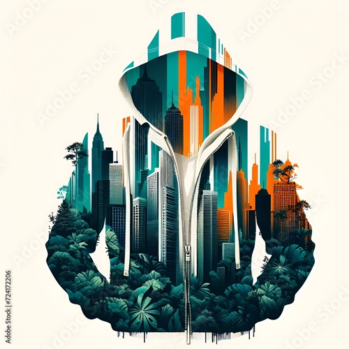 minimalist, jacket  design with a twist, a sleek and colour City silhouette against a faded,  jungle  is painting about nature, awosome, bright. pure White background photo