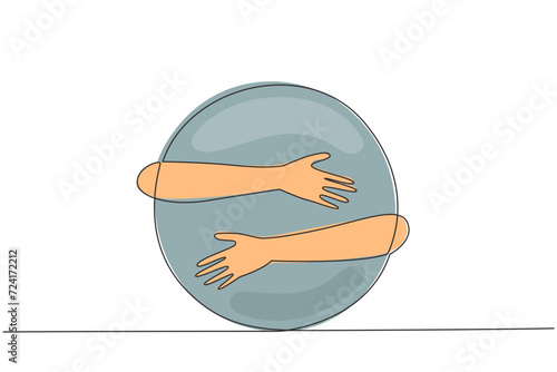 Single continuous line drawing of human hands hugging circle. Passion in creating innovative logo. Shape that can be developed based on the basic circular pattern. One line design vector illustration