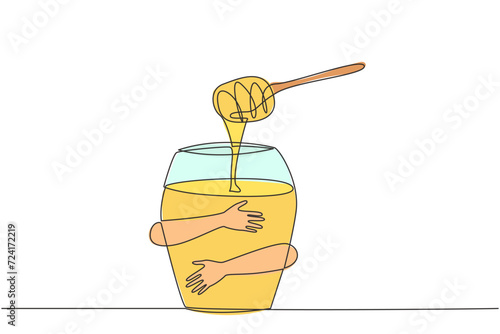 Single continuous line drawing human hands hugging honey. A sweet, thick-textured liquid produced by bees that has many health benefits for the human body. Herbal. One line design vector illustration