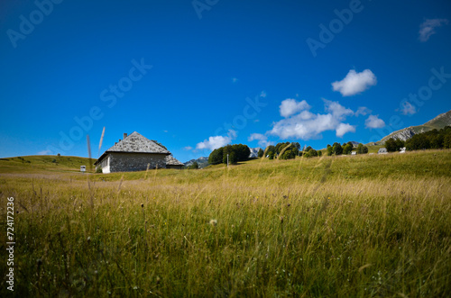 Small hut. Idyllic landscape with green meadow and blue sky in the background.