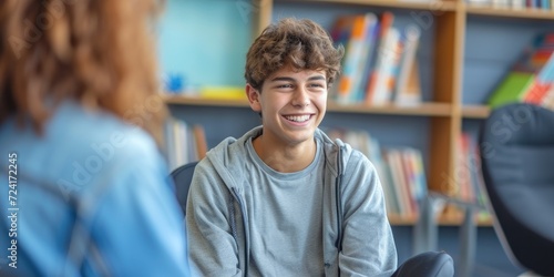 Psychologist communicating with a teenage boy in school office photo