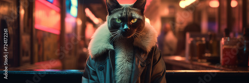 Siamese Cat in Jacket at Bar photo