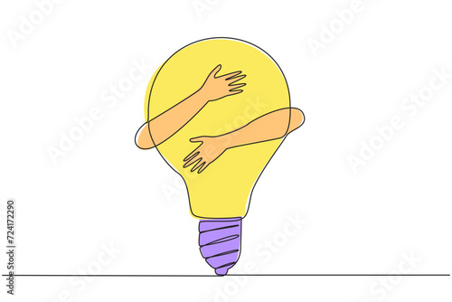 Single continuous line drawing of hands hugging lightbulb. Illustration of brilliant idea for running business during pandemic. Innovation is needed to bring fresh ideas in business. One line vector