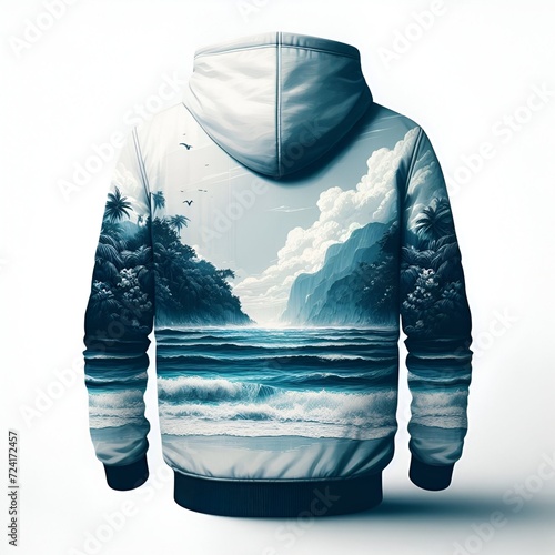 minimalist, jacket  design with a twist, a sleek and colour City silhouette against a faded,  jungle  is painting about nature, awosome, bright. pure White background photo