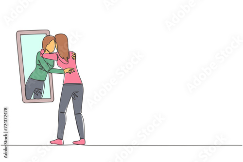 Single continuous line drawing of young beautiful woman stand in front of mirror. Her reflection get out of mirror and hug each other. Caring. Self love concept. One line design vector illustration