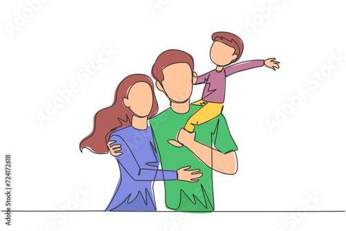 Single one line drawing of young woman hug her handsome husband who is holding their little cute son. Smiling couple with child. Happy family concept. Continuous line design graphic illustration