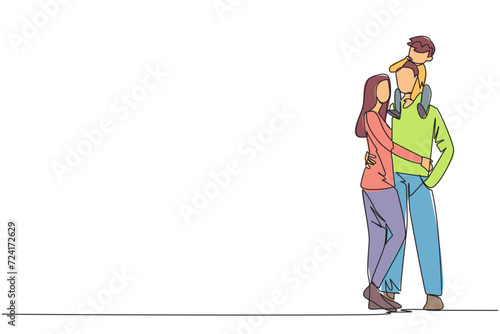 Continuous one line drawing of young woman hug her handsome husband who is holding their little cute son on shoulders hug. Smiling couple with child. Happy family relations. Single line draw vector