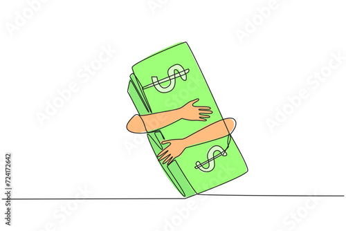 Single continuous line drawing of hands hugging banknote. Smart business will not betray results. The more effort, the more will get. Future investment with banknote. One line vector illustration