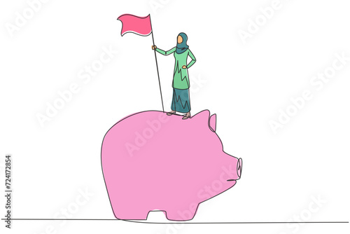 Continuous one line drawing of Arabian businesswoman standing on big piggy bank holding flag. Making investments during the corona pandemic to keep business survive. Single line draw design vector